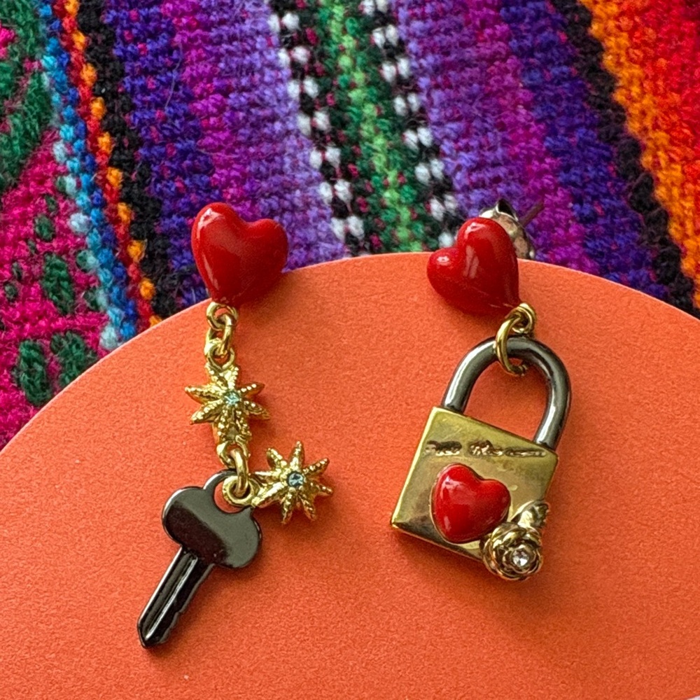 Les Nereides Red Heart lock key Earrings